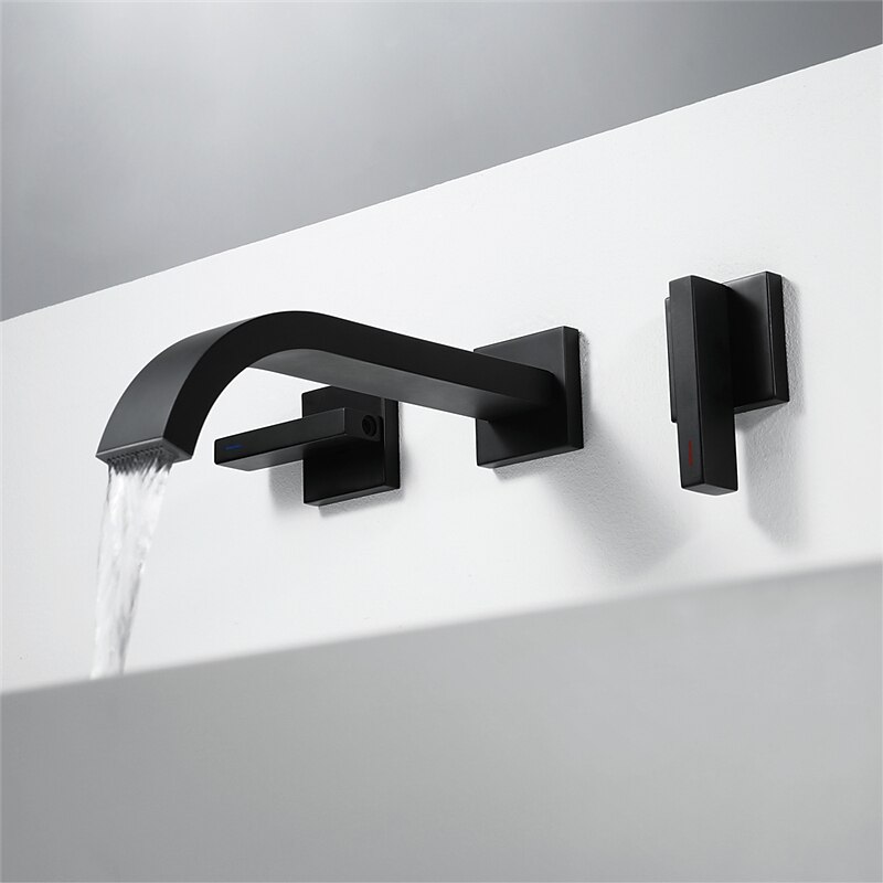 Bathroom Sink Faucet ,Wall Mount Brass Waterfall Widespread Black Two Handles Two Holes Bath Taps2