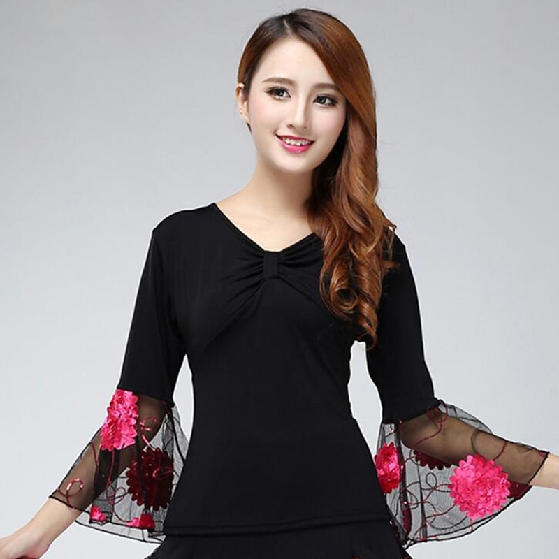 Ballroom Dance Top Appliques Split Joint Women's Training Performance Short Sleeve Mesh Polyester4