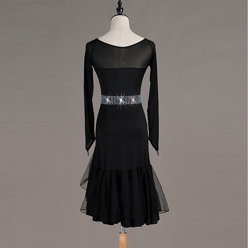 Dance Salsa Latin Dance Dress Crystals / Rhinestones Women's Training Performance Long Sleeve High Spandex Tulle4