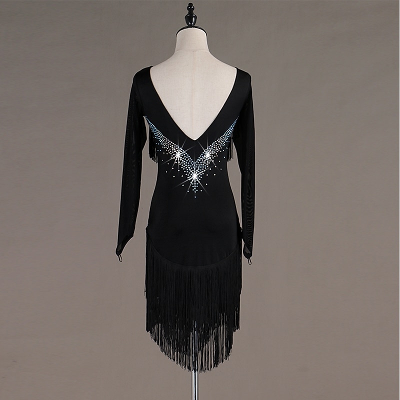 Dance Salsa Latin Dance Dress Fringed Tassel Crystals / Rhinestones Women's Training Performance Long Sleeve High Spandex Tulle4