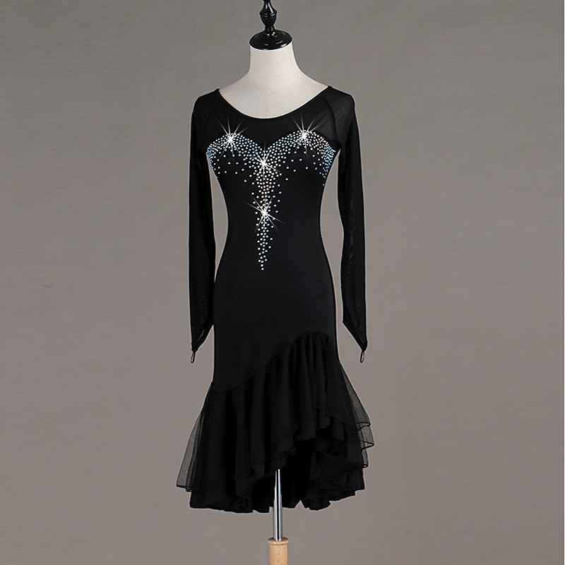 Dance Salsa Latin Dance Dress Crystals / Rhinestones Women's Training Performance Long Sleeve High Spandex Tulle2