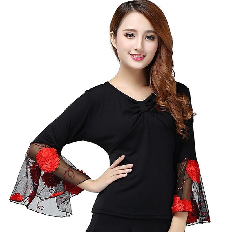 Ballroom Dance Top Appliques Split Joint Women's Training Performance Short Sleeve Mesh Polyester2