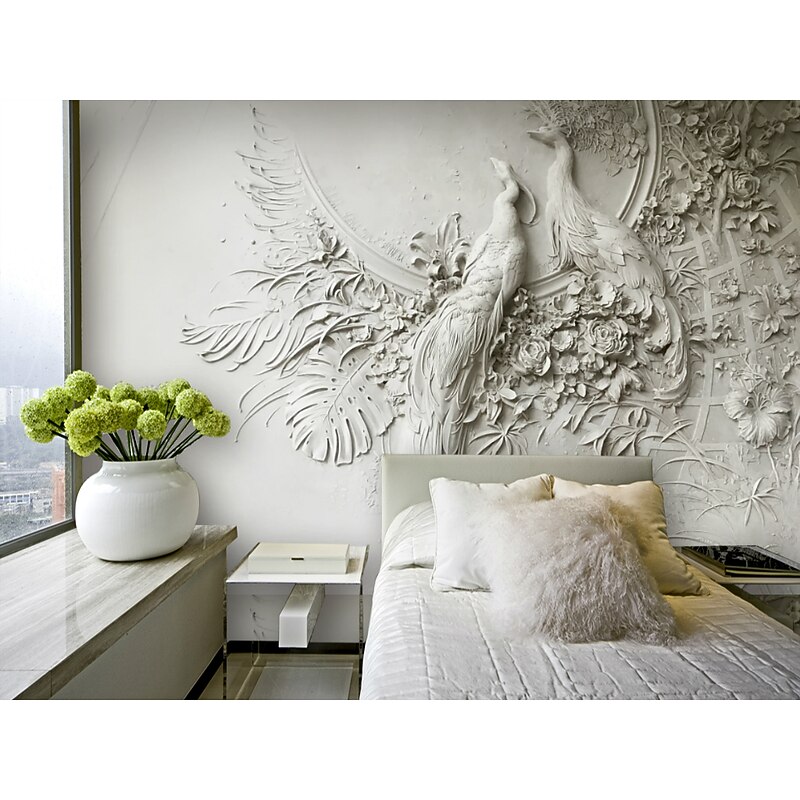 White Wallpapers Wall Mural 3D Wallpaper Wall Sticker Covering Print Adhesive Required 3D Relief Effect Peacock Bird Canvas Home Décor4