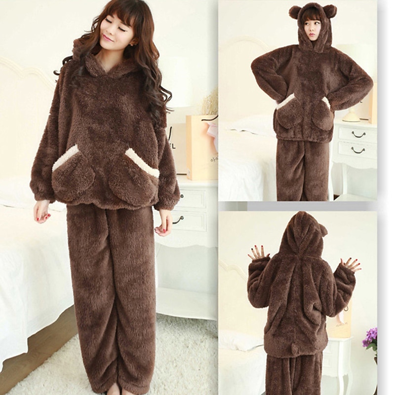 Adults' Pants Hoodie Kigurumi Pajamas Bear Solid Colored Onesie Pajamas Flannel Fabric Cosplay For Men's Women's Male Animal Sleepwear Television Warmer Creative Cartoon Festival / Holiday Costumes3