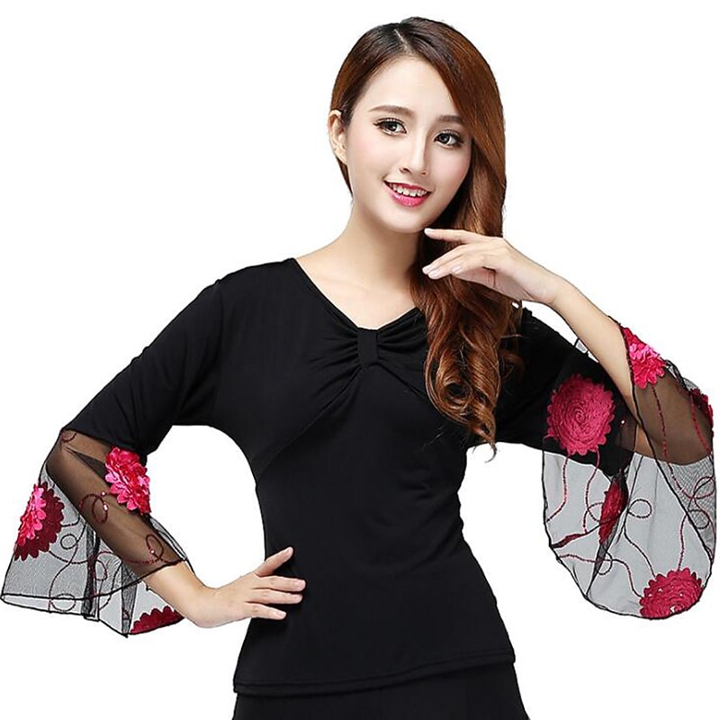 Ballroom Dance Top Appliques Split Joint Women's Training Performance Short Sleeve Mesh Polyester3