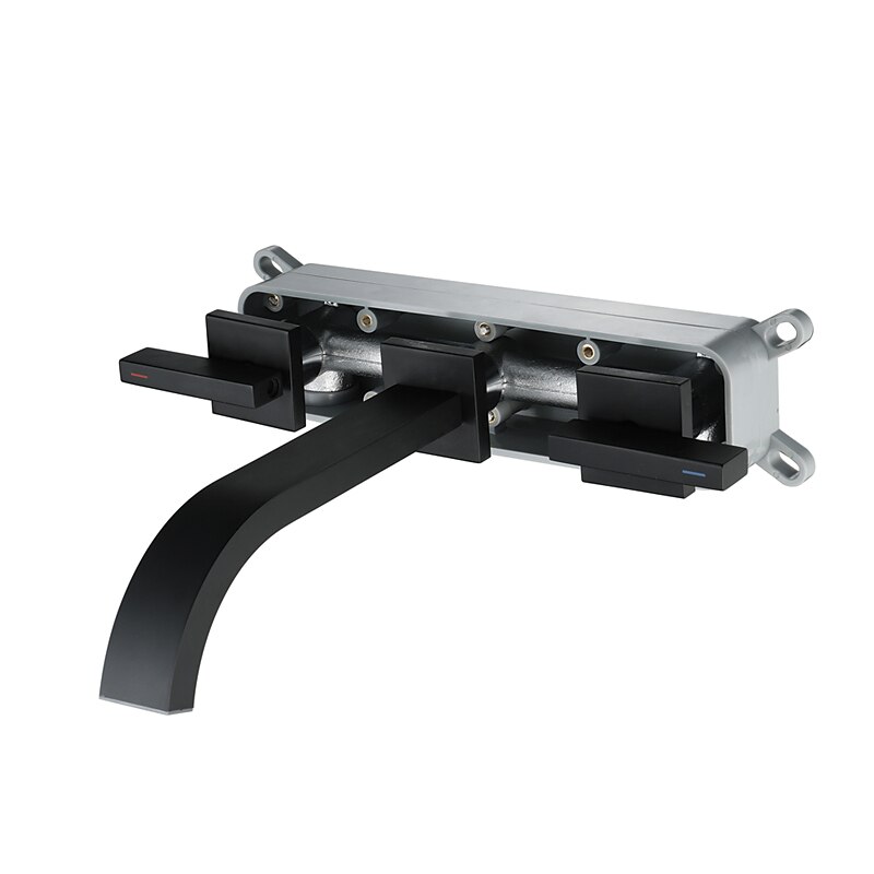 Bathroom Sink Faucet ,Wall Mount Brass Waterfall Widespread Black Two Handles Two Holes Bath Taps4