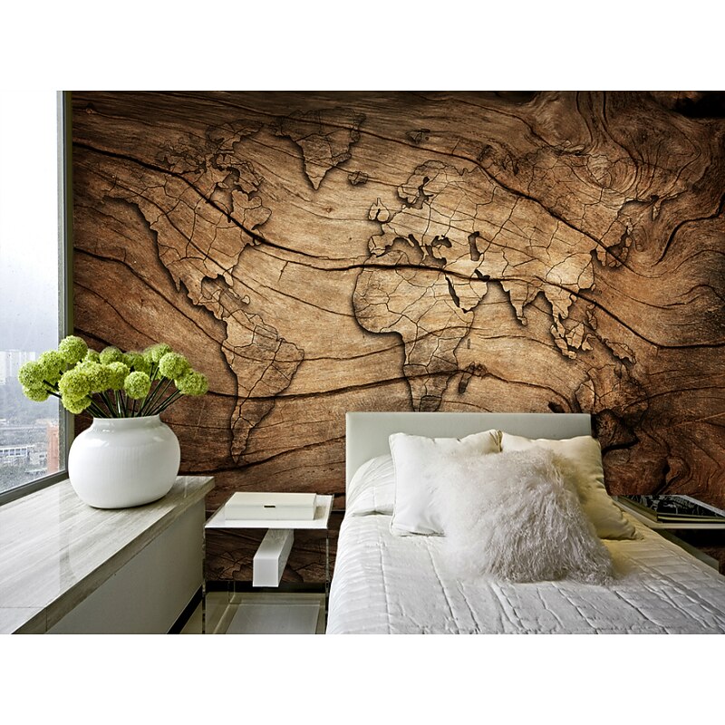 Mural Wallpaper Wall Sticker Covering Print Adhesive Required World Map Wood Canvas Home Décor3
