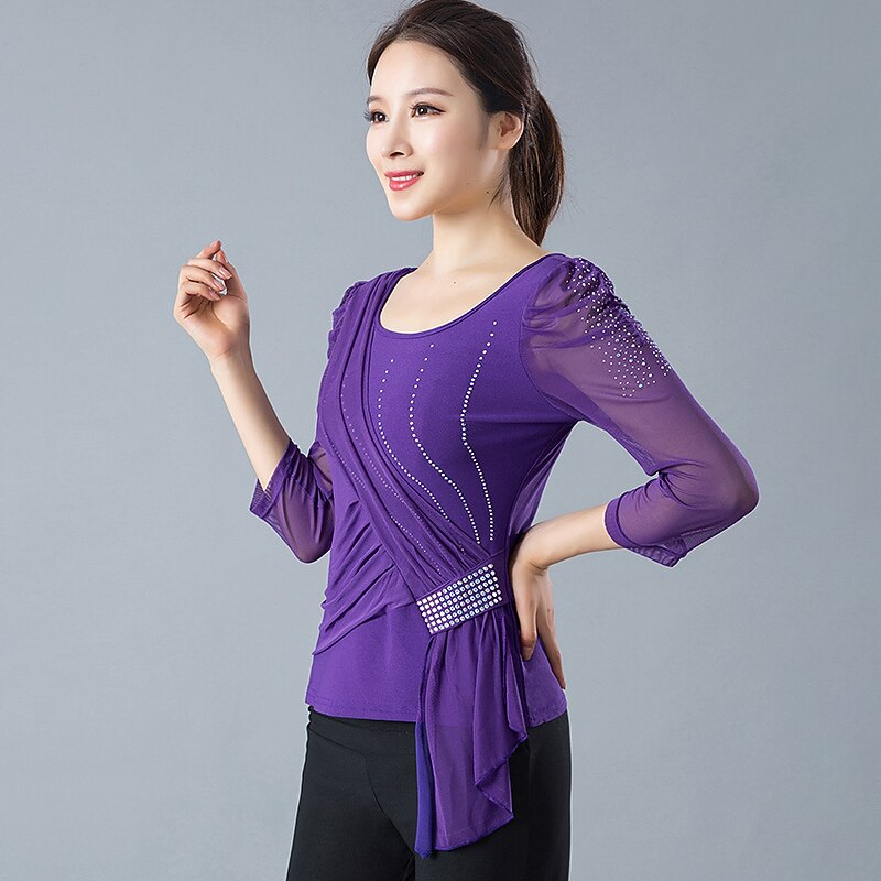 Ballroom Dance Top Ruching Crystals / Rhinestones Women's Training Performance 3/4 Length Sleeve Polyester4