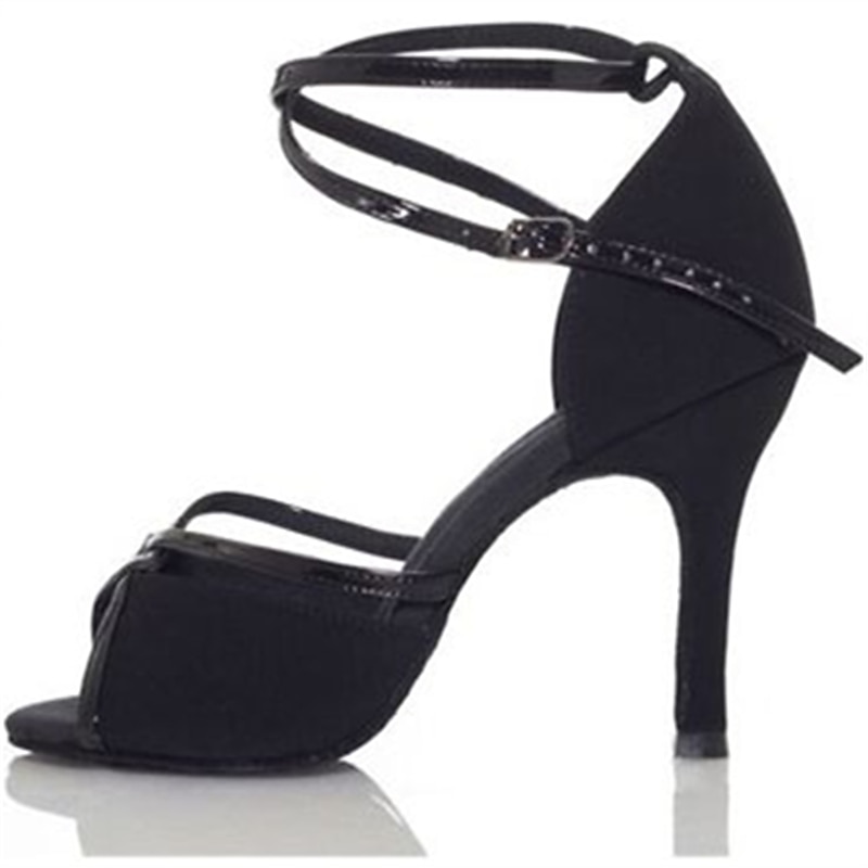 Women's Black Satin Dance Heels with Soft Suede Sole – Elegant Open-Toe Design with Ankle Strap for Latin and Ballroom Dance2