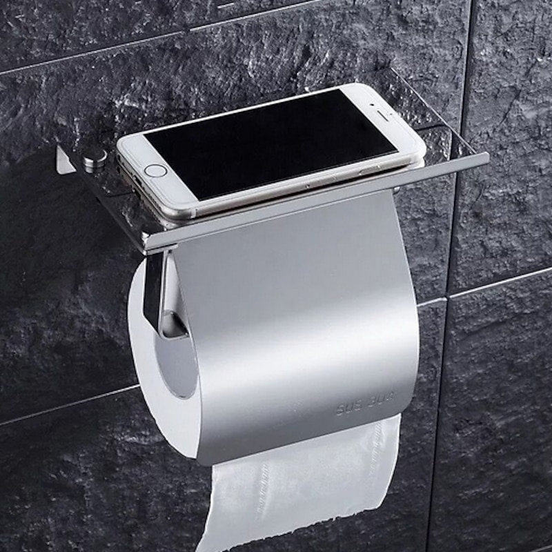 Toilet Paper Holder Stainless Steel for Bathroom with Mobile Phone Storage Shelf Wall Mounted Silvery 1pc3