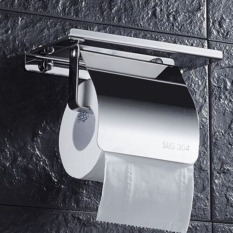 Toilet Paper Holder Stainless Steel for Bathroom with Mobile Phone Storage Shelf Wall Mounted Silvery 1pc2