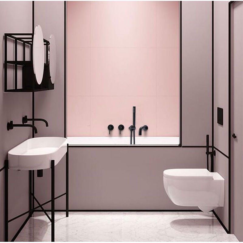 Bathtub Faucet,Brass Painted Finishes Black Split Bathtub Faucet with Hand-held Water Outlet and Wall Entry2