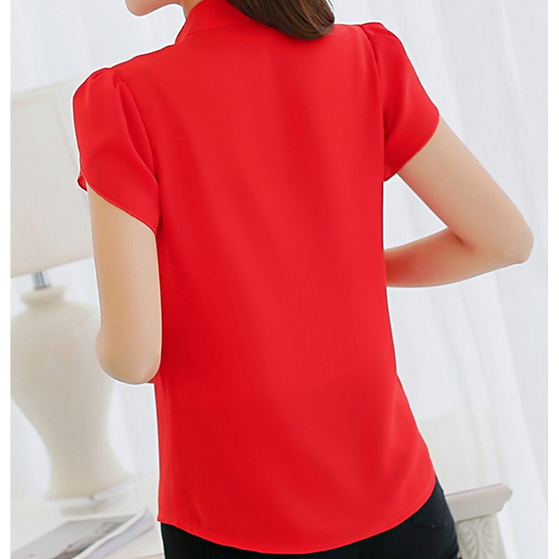 Women's Shirt Blouse White Pink Red Plain Short Sleeve Work Casual Basic Elegant V Neck Regular Slim S4