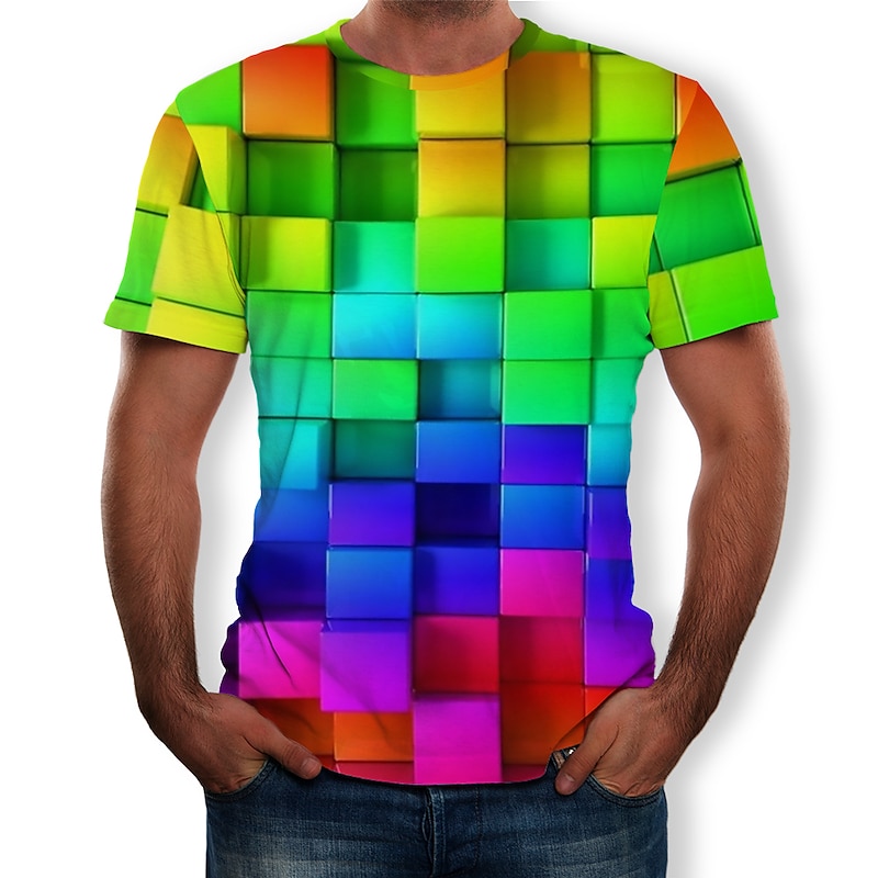 Men's Graphic Geometric 3D T Shirt Short Sleeve T shirt Round Neck Shirt Casual Daily Purple Green Rainbow Summer Clothing Apparel Asian Size S M L XL XXL 3XL3