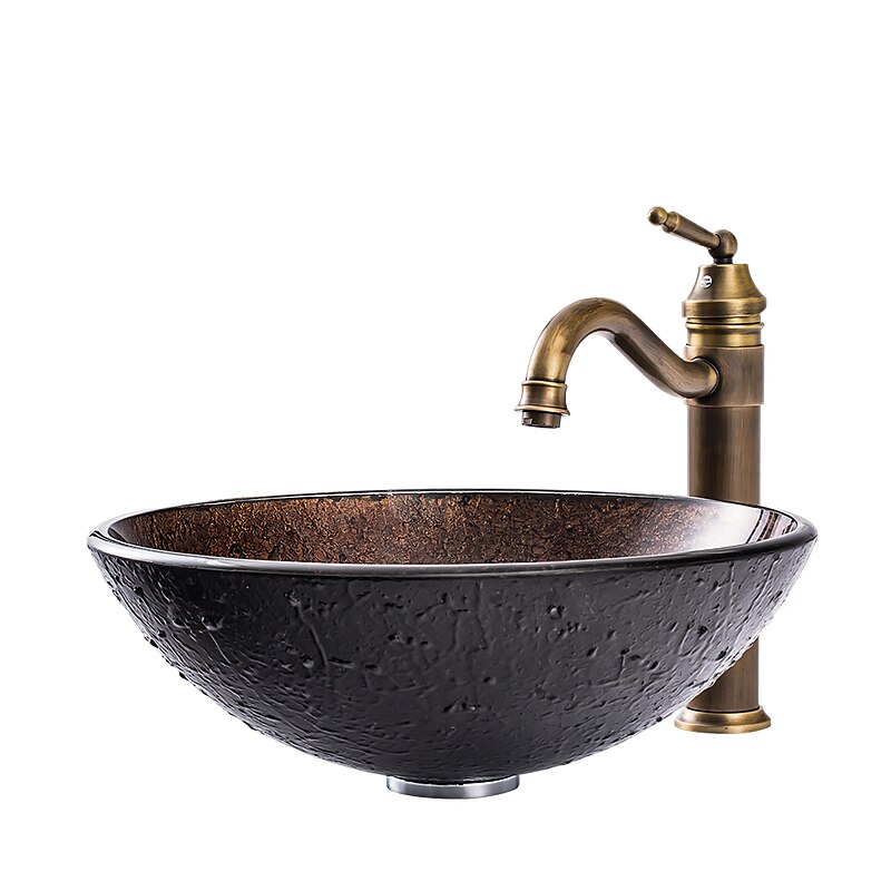 16.5 inch Bathroom Vessel Sink with Faucet Vintage Brass, Antique Tempered Glass Basin with Pop-Up Drain, Countertop Artistic Round Basin Bowl Set, Above Counter Vanity Sink4