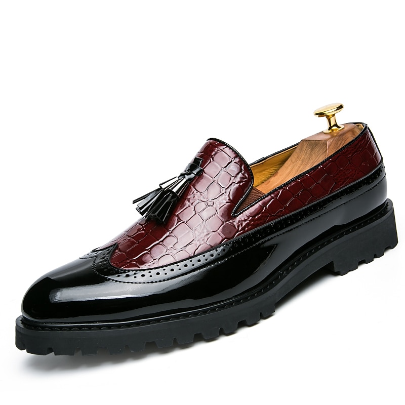 Men's Red and Black Crocodile Pattern Loafers - Stylish Tassel Slip-On Shoes for Formal and Casual Wear2