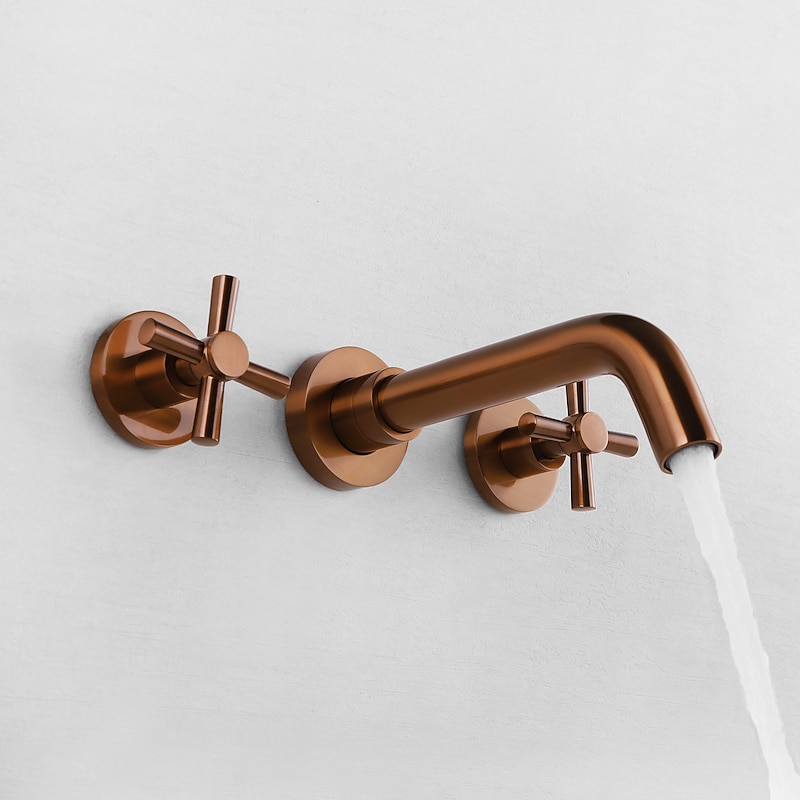 Brass Bathroom Sink Faucet，Wall Mount Widespread Rotatable Rose Gold Two Handles Three HolesBath Taps With Hot and Cold Water2