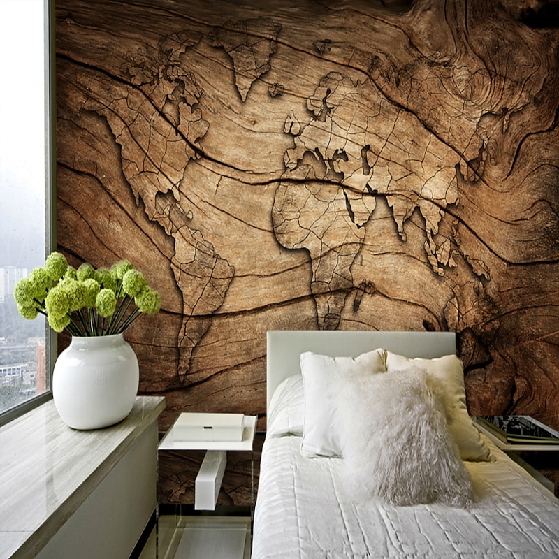 Mural Wallpaper Wall Sticker Covering Print Adhesive Required World Map Wood Canvas Home Décor 6