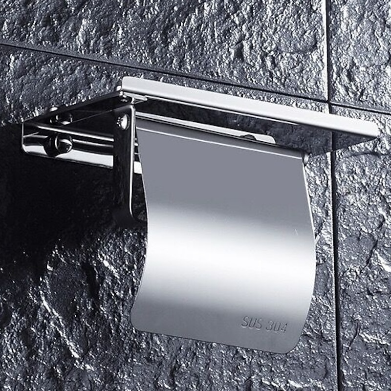 Toilet Paper Holder Stainless Steel for Bathroom with Mobile Phone Storage Shelf Wall Mounted Silvery 1pc