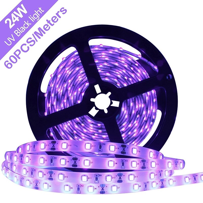 16.4Ft 5m LED Strip Light Waterproof Flexible Light UV Black Light 395-405nm 2835 8mm LED Flexible Strip DC12V for Indoor Fluorescent Dance Party Stage Lighting Body Paint2