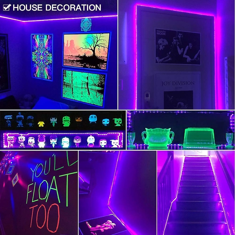 16.4Ft 5m LED Strip Light Waterproof Flexible Light UV Black Light 395-405nm 2835 8mm LED Flexible Strip DC12V for Indoor Fluorescent Dance Party Stage Lighting Body Paint3