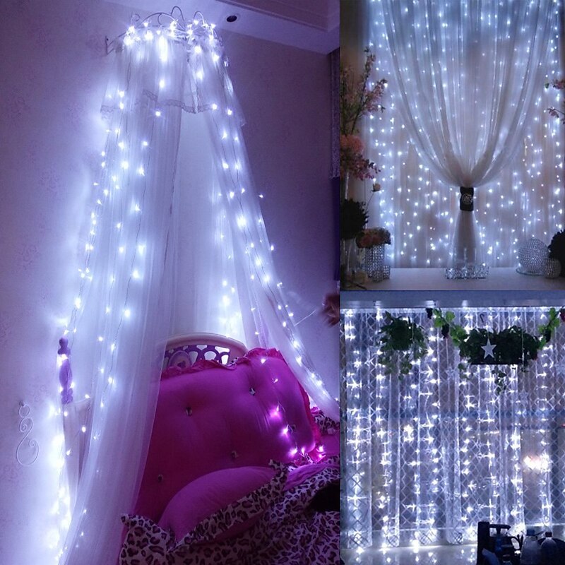 Window Curtain String Light,3 X 3m 300 LEDs Starry Fairy Lights for Wedding Party Home Garden Bedroom Outdoor Indoor Wall Decorations Warm White Blue Multi Color White Linkable 220-240 V 1pc4