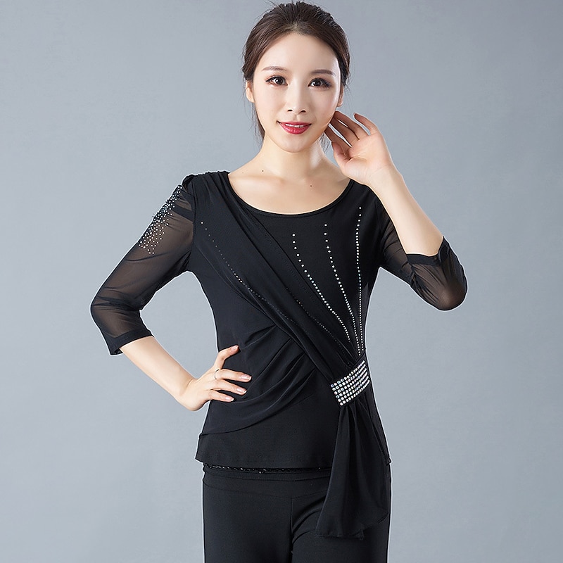 Ballroom Dance Top Ruching Crystals / Rhinestones Women's Training Performance 3/4 Length Sleeve Polyester3
