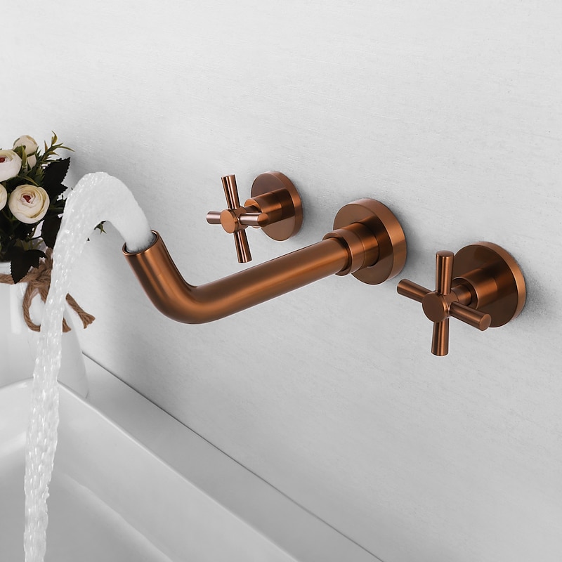 Brass Bathroom Sink Faucet，Wall Mount Widespread Rotatable Rose Gold Two Handles Three HolesBath Taps With Hot and Cold Water3