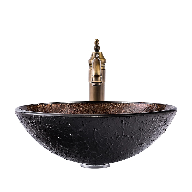 16.5 inch Bathroom Vessel Sink with Faucet Vintage Brass, Antique Tempered Glass Basin with Pop-Up Drain, Countertop Artistic Round Basin Bowl Set, Above Counter Vanity Sink3