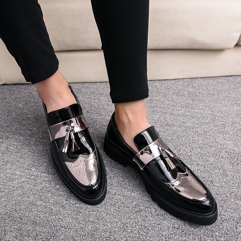 Men's Black and Gold Patent Leather Loafers with Tassel Details and Rugged Sole for Formal and Casual Occasions4