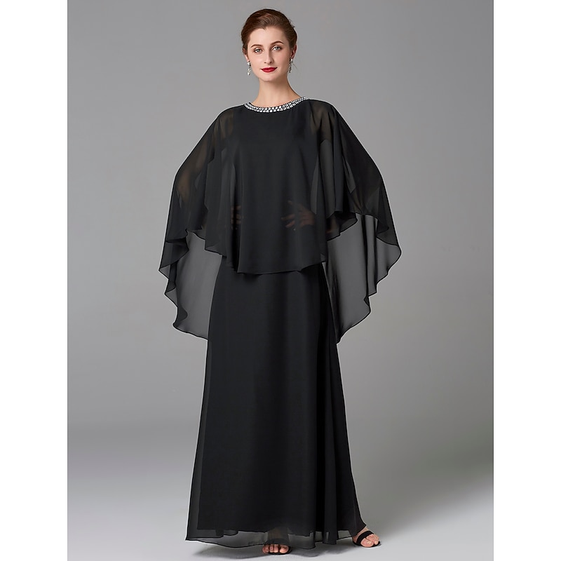 A-Line Mother of the Bride Dress Wedding Guest Elegant Plus Size Jewel Neck Floor Length Chiffon Sleeveless with Beading3