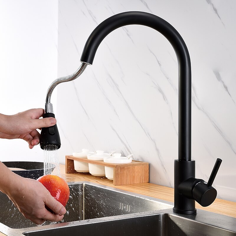 Kitchen Sink Mixer Faucet with Pull Out Sprayer Black, 360 Swivel Single Handle Kitchen Taps Deck Mounted, One Hole Brass Kitchen Sink Faucet Water Vessel Taps2