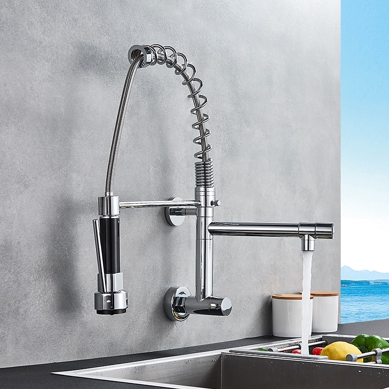 Kitchen Faucet Sink Pull Out Only Cold Water, 360 Swivel Spout Wall Mounted Brass Pull Down Kitchen Vessel Taps Chrome2