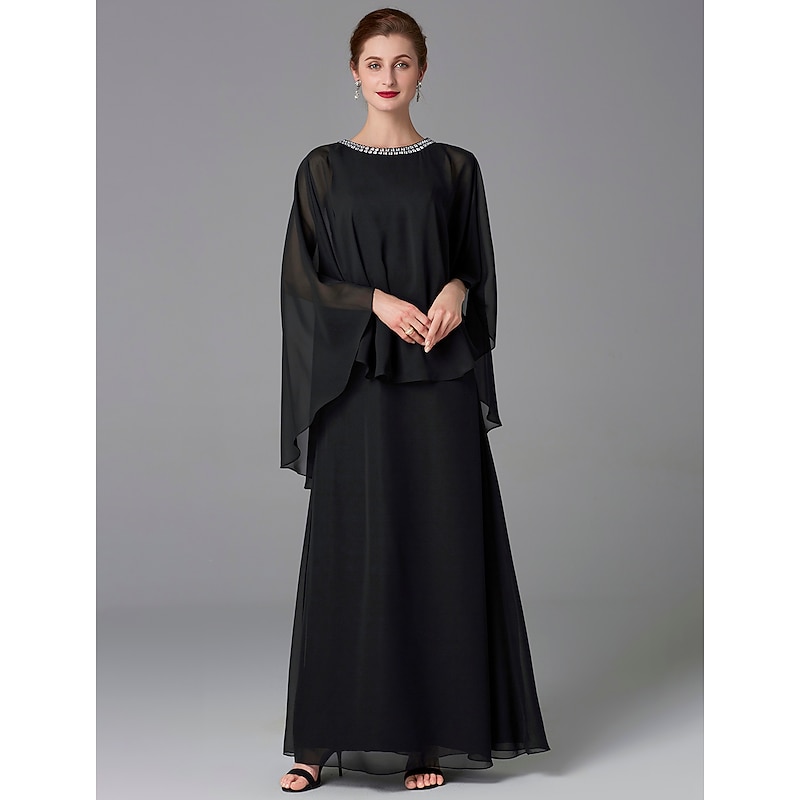 A-Line Mother of the Bride Dress Wedding Guest Elegant Plus Size Jewel Neck Floor Length Chiffon Sleeveless with Beading4