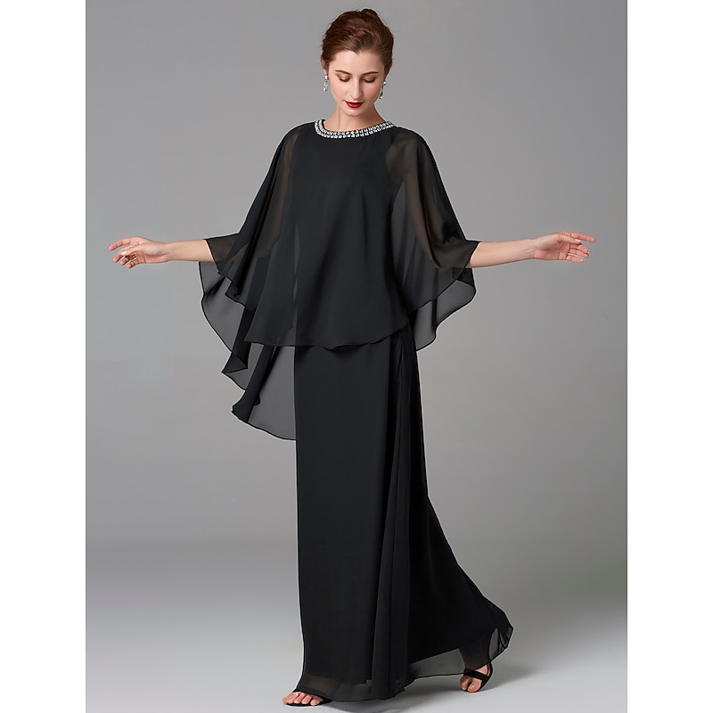 A-Line Mother of the Bride Dress Wedding Guest Elegant Plus Size Jewel Neck Floor Length Chiffon Sleeveless with Beading