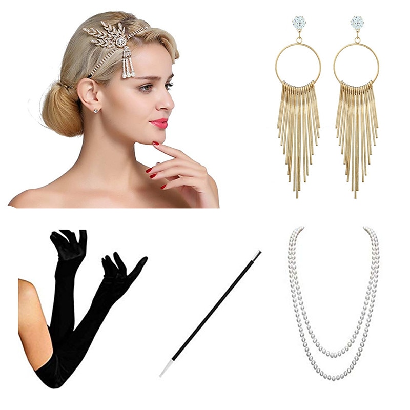 Vintage Roaring 20s 1920s Flapper Headband Accesories Set Accessories Set Charleston Wedding Guest Feather Fancy Dress Women's Halloween Carnival Masquerade Carnival Cocktail Party Date Adults' 12