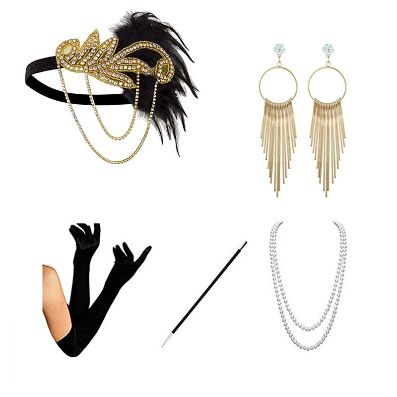 Vintage Roaring 20s 1920s Flapper Headband Accesories Set Accessories Set Charleston Wedding Guest Feather Fancy Dress Women's Halloween Carnival Masquerade Carnival Cocktail Party Date Adults' 13