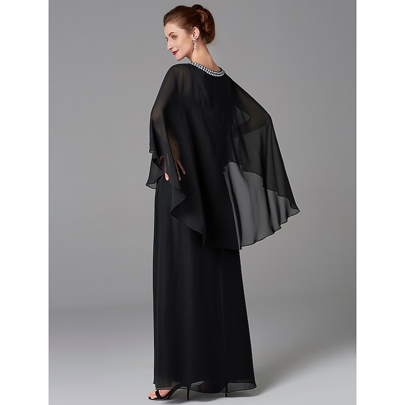 A-Line Mother of the Bride Dress Wedding Guest Elegant Plus Size Jewel Neck Floor Length Chiffon Sleeveless with Beading2