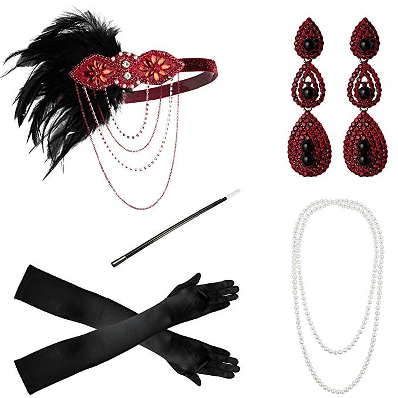 Vintage 1920s The Great Gatsby Flapper Headband Accessories Set Charleston Wedding Guest Feather Fancy Dress Women's Wedding Reception Bachelorette Party Festival Adults' Gloves2