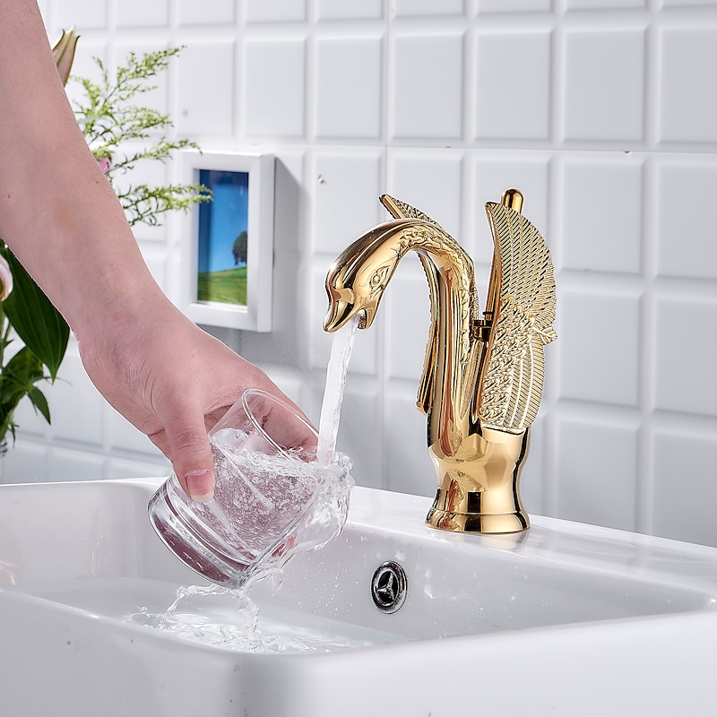 Vintage Bathroom Sink Mixer Faucet Brass Swan Shap, Monobloc Washroom Basin Taps Single Handle One Hole Deck Mounted, Mono Water Vessel Tap Hot and Cold Hose Antique3