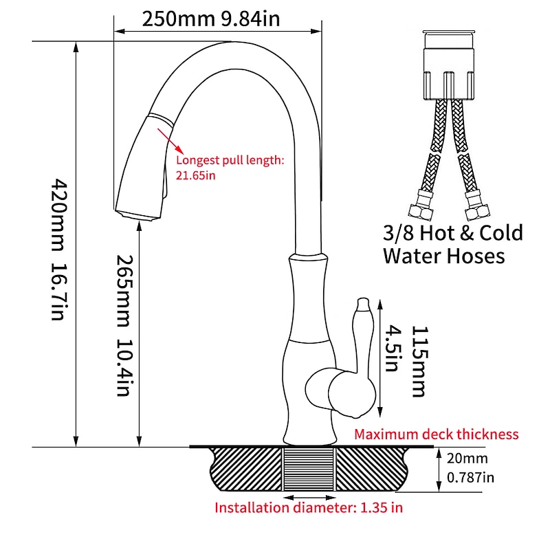 Kitchen Faucet with Sprayer Vessel Installation Nickel Brushed/Electroplated One Hole Widespread Pull Out/High Arc, Brass Kitchen Faucet Contain with Cold and Hot Water3