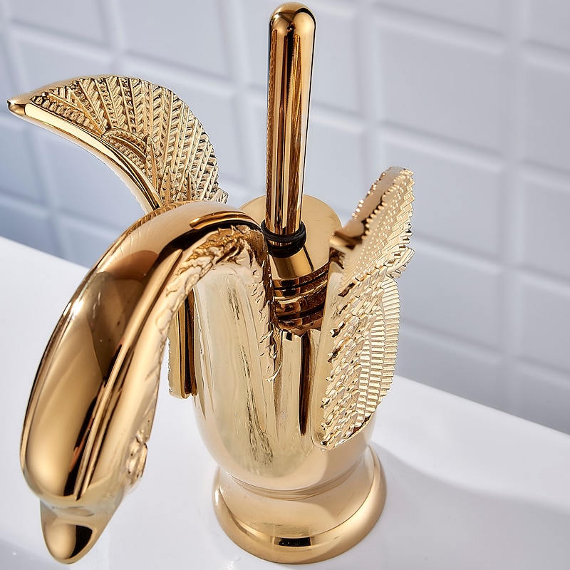 Vintage Bathroom Sink Mixer Faucet Brass Swan Shap, Monobloc Washroom Basin Taps Single Handle One Hole Deck Mounted, Mono Water Vessel Tap Hot and Cold Hose Antique2