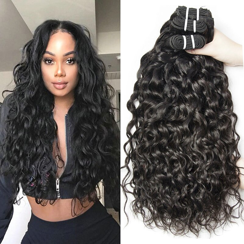 3 Bundles Hair Weaves Brazilian Hair Water Wave Human Hair Extensions Remy Human Hair 100% Remy Hair Weave Bundles 300 g Natural Color Hair Weaves / Hair Bulk Human Hair Extensions 8-28 inch Natural