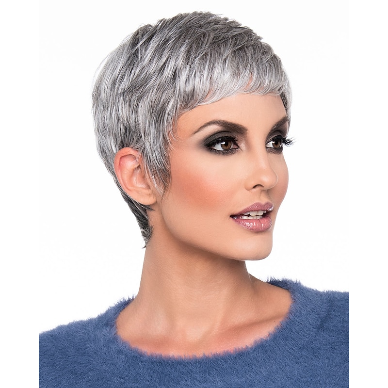 Human Hair Blend Wig Short Natural Wave Pixie Cut Dark Gray New Comfortable African American Wig Capless Indian Hair Women's All Grey / For Black Women4