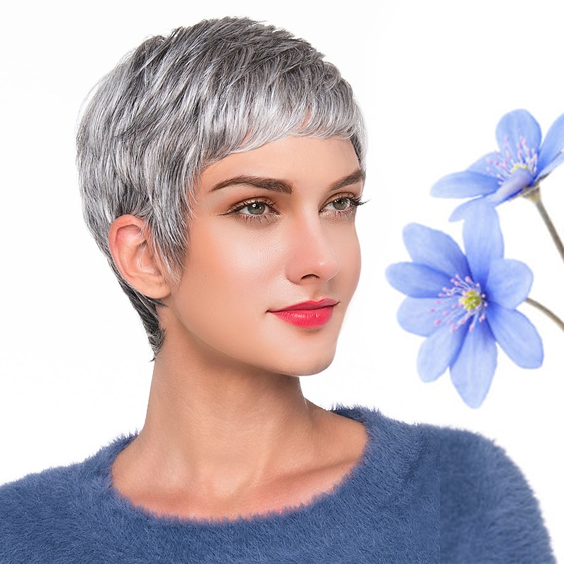 Human Hair Blend Wig Short Natural Wave Pixie Cut Dark Gray New Comfortable African American Wig Capless Indian Hair Women's All Grey / For Black Women