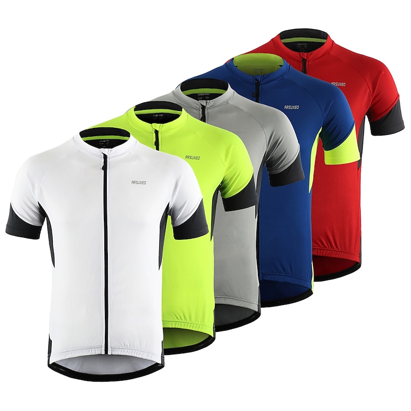 Arsuxeo Men's Short Sleeve Cycling Jersey Summer White Red Blue Bike Bicycle Shirt Zipper Pockets Polyester Patchwork Bike Top Mountain MTB Road Bike Moisture Wicking Breathable Reflective Strips2