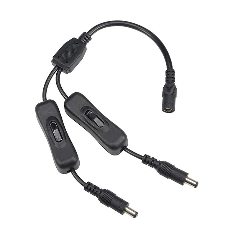 1 to 2 Ports DC 12V Inline Rocker On Off Switch with 5.5 x 2.1mm DC Jack Male to Female Power Cable for LED Strip Light CCTV Camera