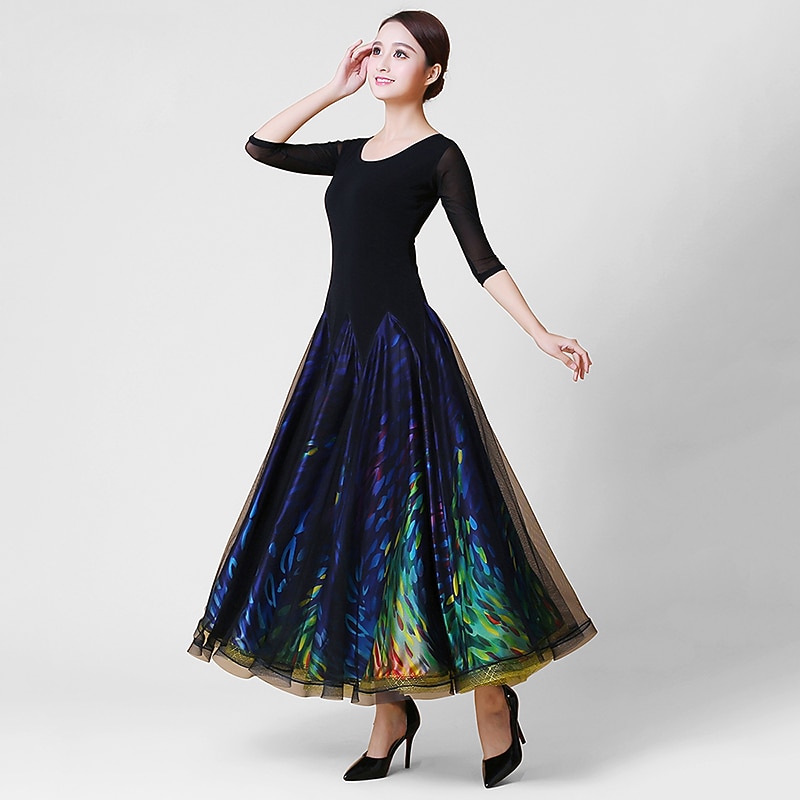 Ballroom Dance Dress Glitter Split Joint Women's Training Performance 3/4 Length Sleeve Natural Crystal Cotton Mesh Elastane3