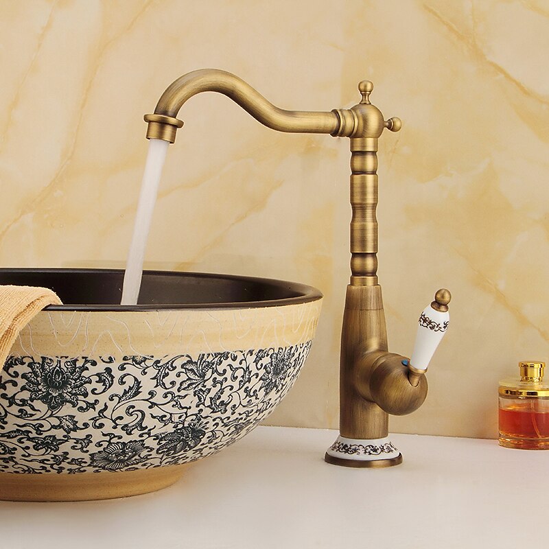 Antique Copper Kitchen Faucet,Golden/Black Single Handle One Hole Electroplated Standard Spout Centerset Antique Design Kitchen Taps with Hot and Cold Water Switch3