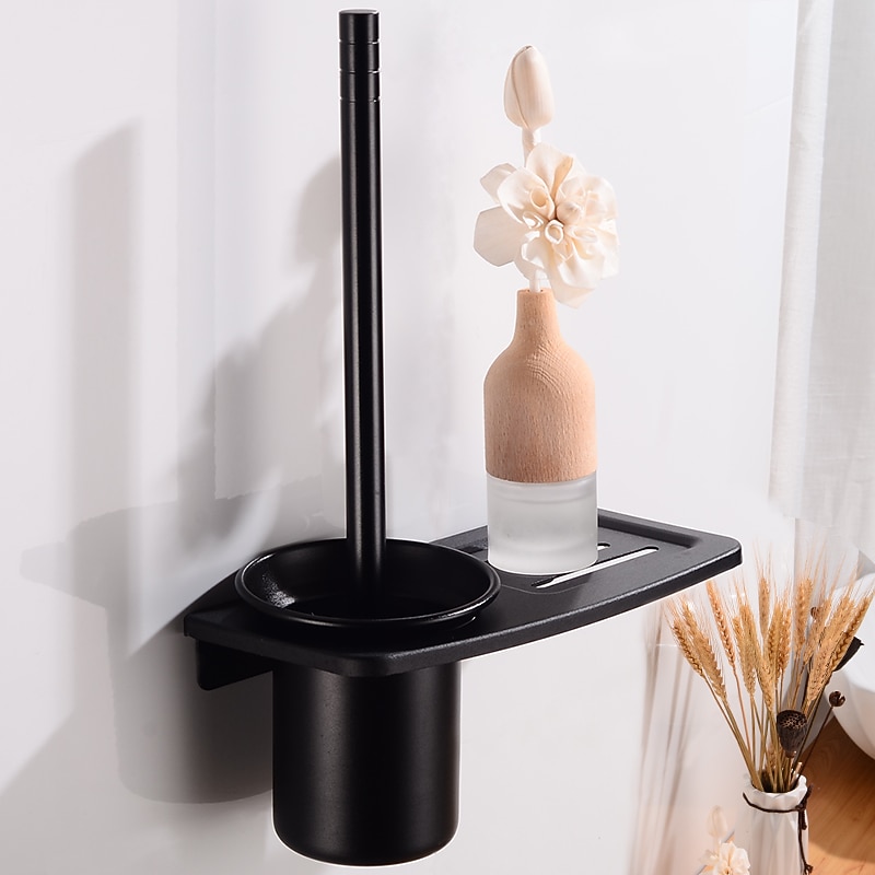 Toilet Brush Holder Set Aluminum Material Include Bathroom Toilet Brush and Toilet Brush Holder Wall Mounted Black 1Set